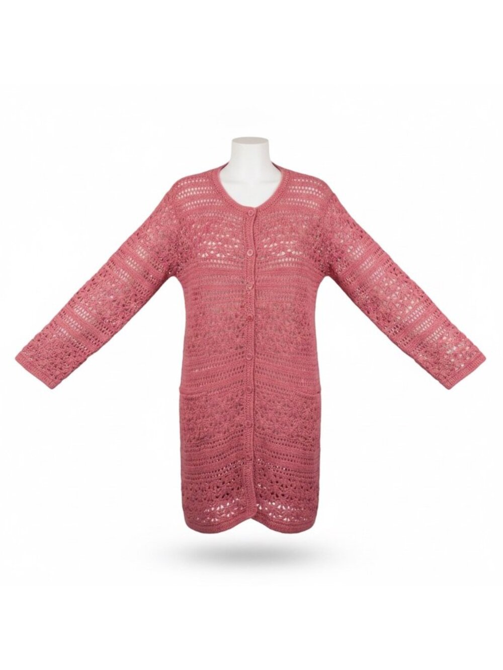 Isaac Mizrahi Live Womens Pink Ramie Cotton Crochet Button Cardigan Size L